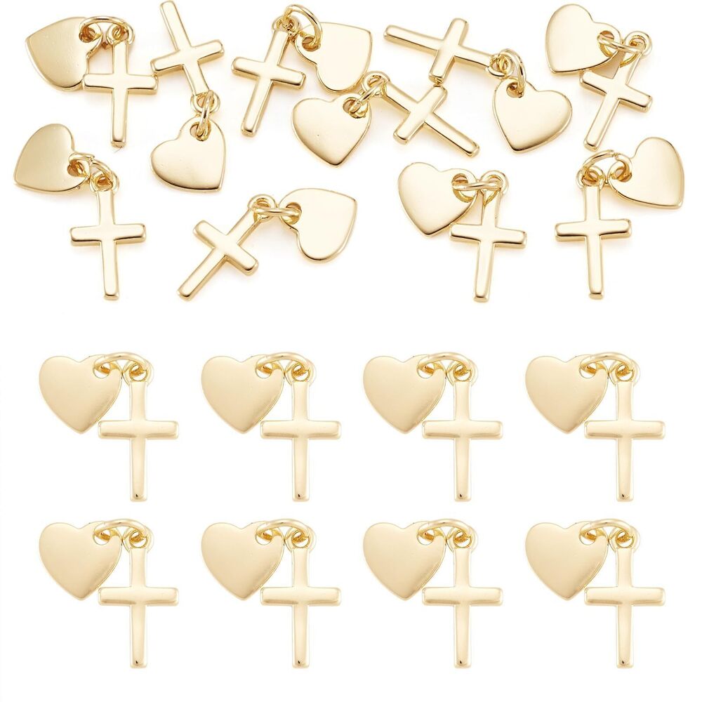 1583 10Pcs 18K Gold Plated Brass Pendants Golden Cross Heart Charms Gold
